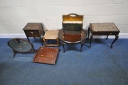 A SELECTION OF OCCASIONAL FURNITURE, to include an oak sewing box, a dressing mirror, two stools,