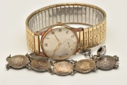 A GENTS 9CT GOLD 'LANCET' WRISTWATCH AND A COIN BRACELET, the manual wind watch with a round