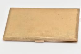 A 9CT GOLD CIGARETTE CASE, of a rectangular form, engine turned pattern, fitted with a push piece