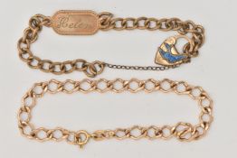 two yellow metal bracelets, the first a fancy link bracelet, fitted with a spring clasp, stamped
