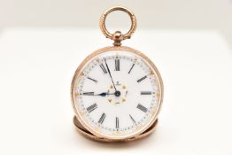 A LADIES YELLOW METAL OPEN FACE POCKET WATCH, key wound movement, round white Roman numeral dial,
