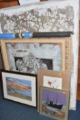 FIVE DECORATIVE PICTURES AND PRINTS, comprising a Johnny Gaston watercolour landscape depicting a
