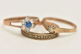 THREE 9CT GOLD GEM SET RINGS, to include a single small diamond set ring, hallmarked 9ct Birmingham,