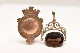 A 9CT GOLD FOB MEDAL AND A SWIVEL PENDANT, the rose gold fob medal with vacant cartouche, hallmarked