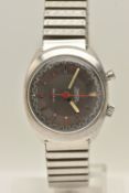 A VINTAGE OMEGA CHRONOSTOP WRISTWATCH, the grey dial, with silver coloured hourly applied markers,