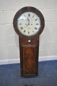 A GEORGIAN MAHOGANY WALL HANGING TAVERN CLOCK, the circular glass door enclosing a 14 inch enamel