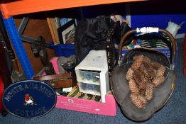 THREE BOXES AND LOOSE MISCELLANEOUS, to include a vintage copper coal scuttle with ceramic handle, a