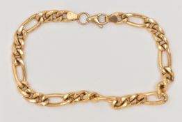 A 9CT GOLD HOLLOW FIGARO BRACELET, fitted with a lobster clasp, hallmarked 9ct Sheffield import,