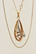 A 9CT GOLD PENDANT, a yellow gold teardrop form pendant, set with three circular cut cubic zirconia,