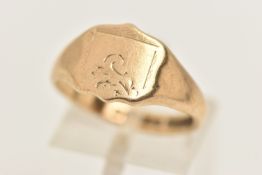 A 9CT GOLD SIGNET RING, shield signet with worn foliate pattern, polished band, hallmarked 9ct
