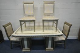 A CREAM ITALIAN RECTANGULAR DINING TABLE, raised on twin pedestals, length 168cm x depth 89cm x