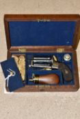 A CASED 19TH CENTURY 7MM PIN FIRE PEPPERBOX REVOLVER, serial no. N.17661 7/8'' barrels with proof