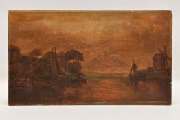 THOMAS WHITTLE II (1856-1897) SUNSET LANDSCAPE, working boats are at their moorings on the water