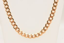 A HEAVY 9CT GOLD CHAIN NECKLACE, a yellow gold flat curb link chain, fitted with a lobster clasp,