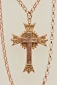 A 9CT GOLD CROSS AND CHAIN, a decorated rose gold cross with Celtic detail, hallmarked 9ct