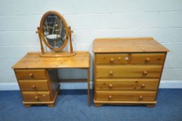 A MODERN PINE CHEST OF TWO SHORT OVER THREE LONG DRAWERS, raised on castors, width 92cm x depth 47cm