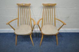 LUCIAN ERCOLANI, A PAIR OF ERCOL MID CENTURY ELM AND BEECH GOLDSMITH WINDSOR ARMCHAIRS, with swept