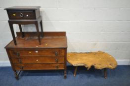 A 20TH CENTURY OAK CHEST OF THREE LONG DRAWERS, width 101cm x depth 45cm x height 87cm, a live
