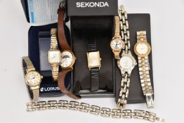 A SELECTION OF LADIES FASHION WRISTWATCHES, names to include 'Sekonda, Alfex, Lorus' seven watches