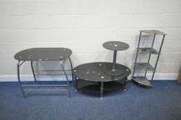 FOUR PIECES OF MODERN SMOKED GLASS FURNITURE, to include a table, width 90cm x depth 48cm x height