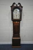 A GEORGIAN OAK 30 HOUR OAK AND MAHOGANY LONGCASE CLOCK, with twin swan neck pediment, and Corinthian