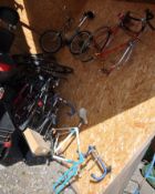 A COLLECTION OF BIKE FRAMES, WHEELS AND PARTS including Lynx, Giant, Viking and Raleigh frames, a