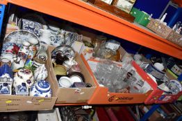 SEVEN BOXES OF CERAMICS AND GLASS, to include three bird figurines impressed JH and a symbol on
