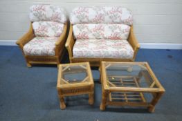 A RATTAN FOUR PIECE CONSERVATORY SUITE, comprising a two seater sofa, length 130cm x depth 100cm x