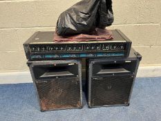 A CARLSBORO MARLIN PA 150 (SPARES OR REPAIRS) and a pair of Toa SL12 speakers (amp emits a