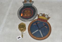 TWO CAST METAL SUBMARINE PLAQUES, ETC, the painted plaques comprising HMS Sleuth, an S class
