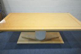 AN ITALIAN RECTANGULAR DINING TABLE, raised on a white column support, and a stepped base, length