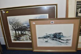 TERRY LOGAN (BRITISH 1939-) TWO SIGNED LIMITED EDITION PRINTS, the first depicts sheep in a snowy