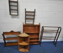 FOUR VARIOUS WALL HANGING SHELVES, largest width 62cm x height 91cm, along with a small corner