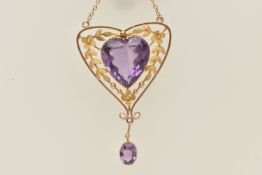 A YELLOW METAL AMETHYST LAVALIER PENDANT AND CHAIN, the pendant set with a heart cut amethyst within
