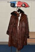 A VINTAGE FUR COAT, GLOVES, ETC comprising a vintage fur coat with similar gloves (gloves appear