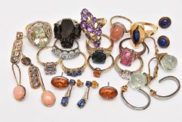 AN ASSORTMENT OF GEM SET JEWELLERY, gold plated and white metal jewellery, to include twelve