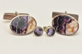 A PAIR OF WHITE METAL BLUE JOHN CUFFLINKS AND A PAIR OF EARRINGS, the oval cufflinks inlay set