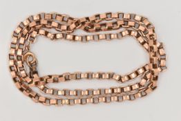 A ROSE METAL BOX LINK CHAIN, fitted with a spring clasp, unmarked metal, length 540mm, approximate