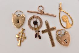 ASSORTED JEWELLERY, to include two 9ct gold heart padlock clasps, both hallmarked 9ct, a 9ct gold