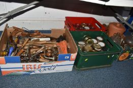 FOUR BOXES OF TOOLS, BOTTLES AND JARS, to include various hammers, saws, chisels, files, hand