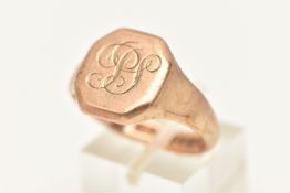 A 9CT ROSE GOLD GENTS SIGNET RING, of a square form with cut off corners, engraved monogram, to