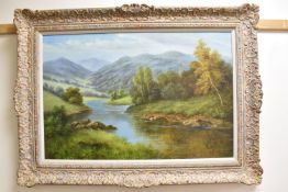 HUMPHREY (20TH CENTURY) A BRITISH RIVER LANDSCAPE, a river winds its way through a valley with hills