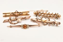FIVE BAR BROOCHES, three stamped 9ct, approximate gross weight 7.3 grams, one AF brooch hallmarked