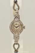 AN EARLY 20TH CENTURY DIAMOND COCKTAIL WATCH, the cream dial with black Arabic numerals, blue