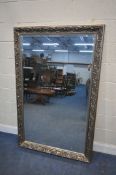 A LARGE SILVER PAINTED BEVELLED EDGE MIRROR, 172cm x 11cm, general signs of wear to frame