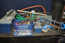 THREE TOOL BOXES, TWO PLASTIC CRATES AND LOOSE CONTAINING AN ASSORTMENT OF TOOLS, to include mitre