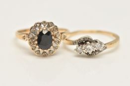 TWO 9CT GOLD GEM SET RINGS, the first an oval cluster ring set with an oval cut deep blue sapphire