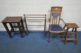 A TALL MAHOGANY NEST OF THREE TABLES, largest table width 52cm x depth 37cm x height 70cm, a towel