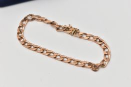 A 9CT GOLD CHAIN BRACELET, a yellow gold flat curb link chain bracelet, fitted with a push pin box