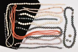A CORAL NECKLACE AND CULTURED PEARL NECKLACES, to include a graduated three strand coral bead